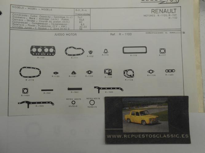 JM01 JUEGO JUNTAS MOTOR COMPLETO RENAULT R4, GORDINI, ONDINE, DAUPHINE MOTORES VENTOUX
