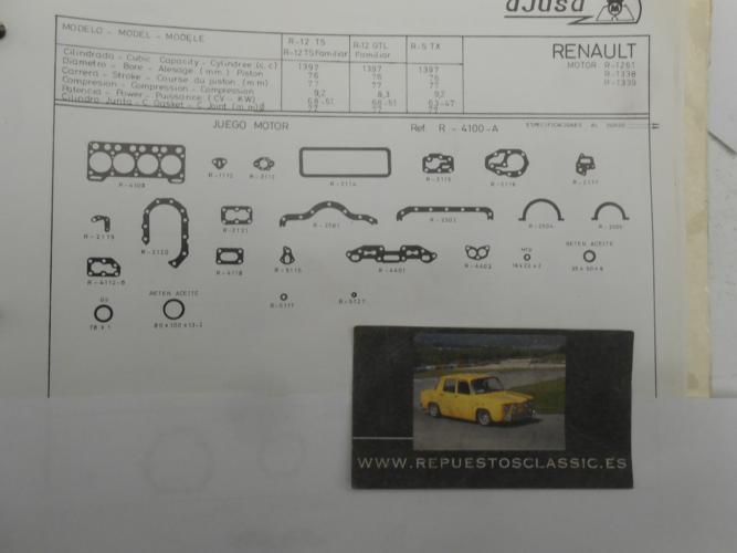 JM06 JUEGO JUNTAS MOTOR COMPLETO RENAULT 4, 5, 6, 7, 8, 9, 10, 11, 12, 18, MOTORES SIERRA 1400cc