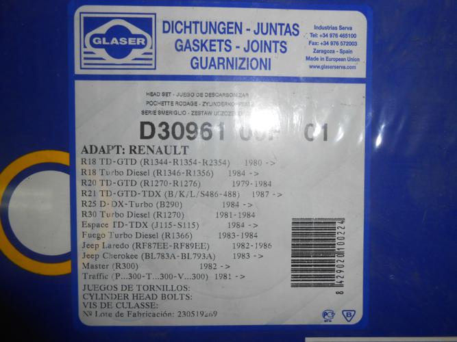 JM15 JUEGO JUNTAS CULATA RENAULT 18, 20, 21, 25, 30, FUEGO, MASTER, ESPACE 2.1TD (ESPESOR 1.7)
