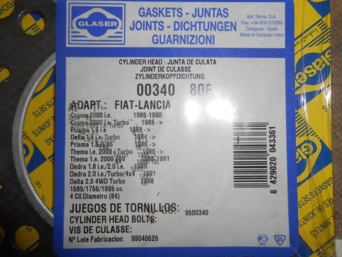 JM74 JUEGO JUNTAS CULATA LANCIA DELTA HF INTEGRALE, DEDRA, THEMA, FIAT TEMPRA, TIPO 1.8/2.0, REF. D31982-00
