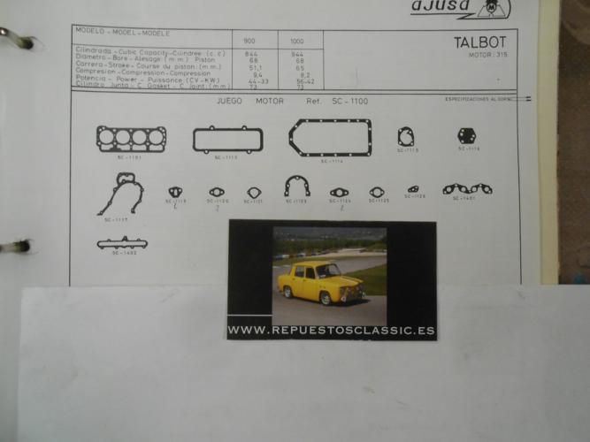 JM88 JUEGO JUNTAS MOTOR COMPLETO SIMCA 1000 ( MOTOR 315 )