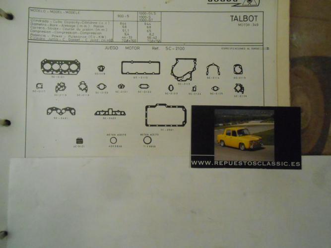 JM91 JUEGO JUNTAS MOTOR COMPLETO SIMCA 1000 ( MOTOR 349 )