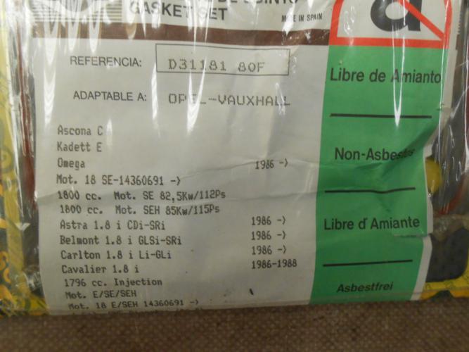 JM198 JUEGO JUNTAS CULATA OPEL ASCONA C, ASTRA F, OMEGA A, KADETT E, 1.8 REF. D31181 (PISTON 84.8mm.)