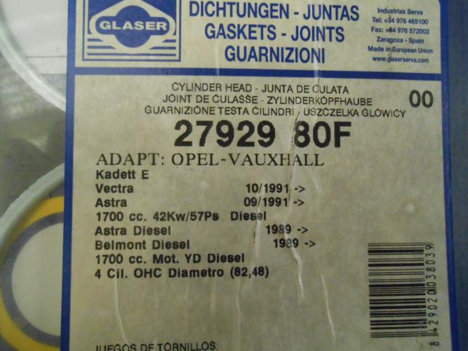 JM201 JUNTA CULATA OPEL ASTRA F, VECTRA A, KADETT E 1.7D REF. H27929 ESPESOR 1,5mm
