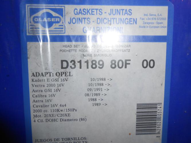 JM203 JUEGO JUNTAS CULATA OPEL KADETT, VECTRA, ASTRA, CALIBRA 2.0 16v. REF. D31189 (MOTOR 20XE/C20XE)