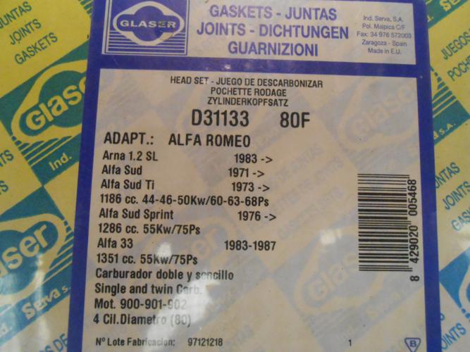 JM210 JUEGO JUNTAS CULATA ALFA ROMEO 33, SPRINT, ALFASUD, ARNA 1.2/1.3 REF. D31133