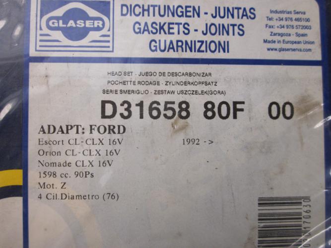 JM271 JUEGO JUNTAS CULATA FORD ESCORT, ORION, FIESTA 1.6 16v 92->00 REF. D31658
