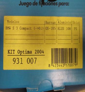 BAC45 931007 KIT OPTIMA SOPORTES BASES DE APOYO BACA-BARRAS DE TECHO CRUZ, BMW SERIE 3 COMPACT 95>01 (PARA BARRAS OS-105, ALUS-1