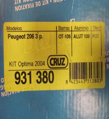 BAC54 931380 KIT OPTIMA SOPORTES FIJACION BACA-BARRAS DE TECHO CRUZ, PEUGEOT 206 3p. (PARA BARRAS OT-105, ALUT-108)