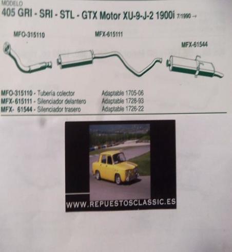 615111 P3 SILENCIOSO INTERMEDIO PEUGEOT 405 1,9I GRI,SRI,STL,GTX MOTOR XU-9-J-2  (7/90>)