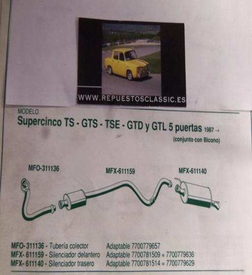 611159 P4 SILENCIOSO INTERMEDIO RENAULT SUPERCINCO TS,GTS,TSE,GTD Y GTL 5 PUERTAS (87>)