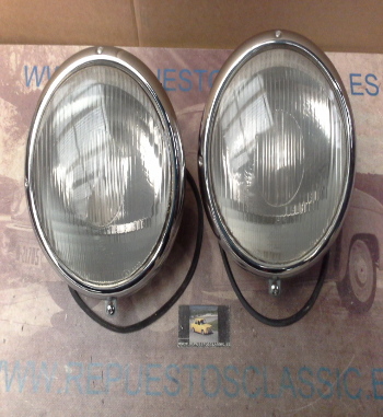 64P9 JUEGO OPTICAS FAROS ORIGINALES BOSCH CON CERQUILLO BISEL CROMADO PORSCHE 356, VW BEETLE 47- 68, REF. 111941021A