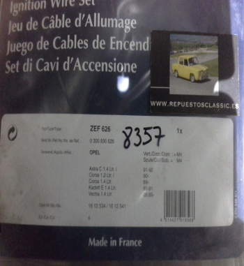 CB107*P1 JUEGO CABLES DE BUJIAS BERU ZEF626 OPEL ASCONA, CORSA, KADETT, VECTRA, ASTRA 12.I/1.4i/1.6