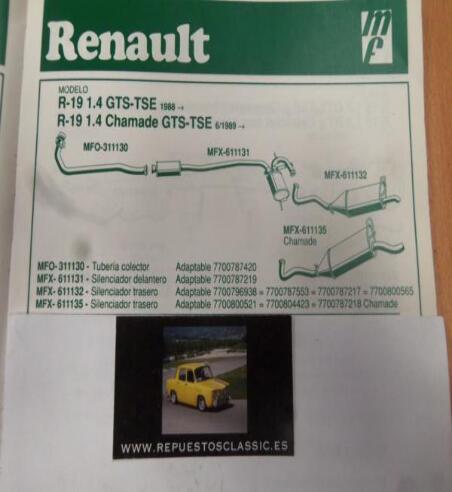 311130 P10 TUBERIA SALIDA COLECTOR ESCAPE RENAULT 19 1.4 GTS, TSE (88>) RENAULT 19 CHAMADE GTS, TSE (6/89>)