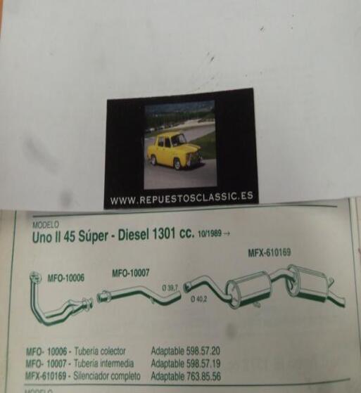 10007 P10 TUBERIA ESCAPE INTERMEDIA FIAT UNO D, SUPER-DIESEL  (83>)  FIAT UNO II 45 SUPER-DIESEL  (10/89>) REF 598.57.19