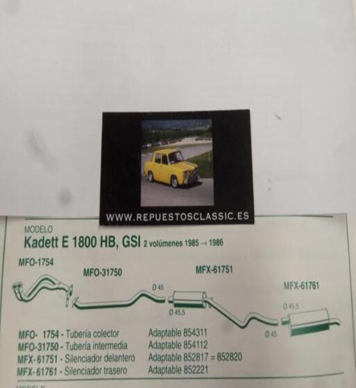 1754 P10 TUBERIA SALIDA COLECTOR ESCAPE OPEL KADETT E 1.8 HB, GSI (85>86) REF 854311