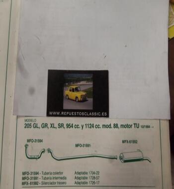 31594 P10 TUBERIA SALICA COLECTOR ESCAPE PEUGEOT 205 GL, GR, XL, SR, 954 cc Y 1124 cc mod. 88 MOTOR TU (10/84>) REF 1704-22