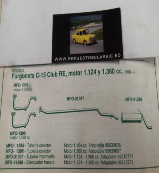 1395 P10 TUBERIA SALIDA COLECTOR ESCAPE CITROEN C15 CLUB RE MOTOR 1.124 (89>) REF 95639836