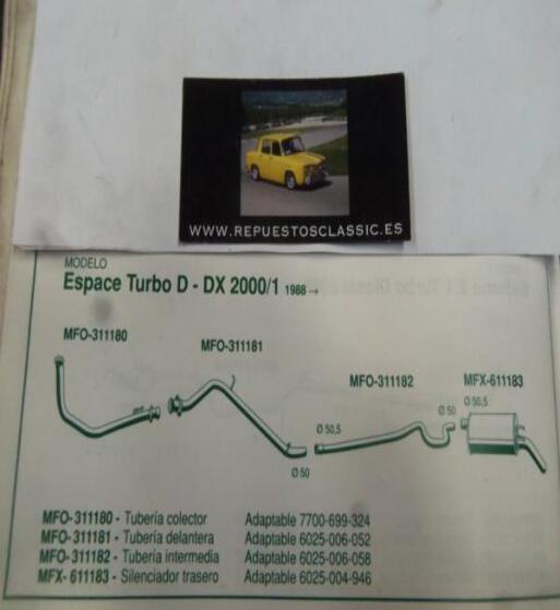 311180 P10 TUBERIA SALIDA COLECTOR ESCAPE RENAULT ESPACE TURBO D, DX 2000/1 (88>) REF 7700699324