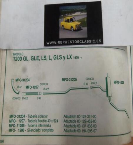 31204 P10 TUBERIA SALIDA COLECTOR ESCAPE SIMCA 1200 GL, GLE, LS, L, GLS Y LX (70>) REF 00-128-351-00