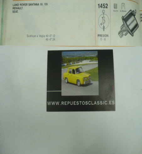 1452 MANOCONTACTO TRANSMISOR PRESION ACEITE 12V 24V RENAULT 4, 5, 6, 7, 8, 12, SEAT 600, 850, 127 PRESION 0-6 ROSCA M14x1.5