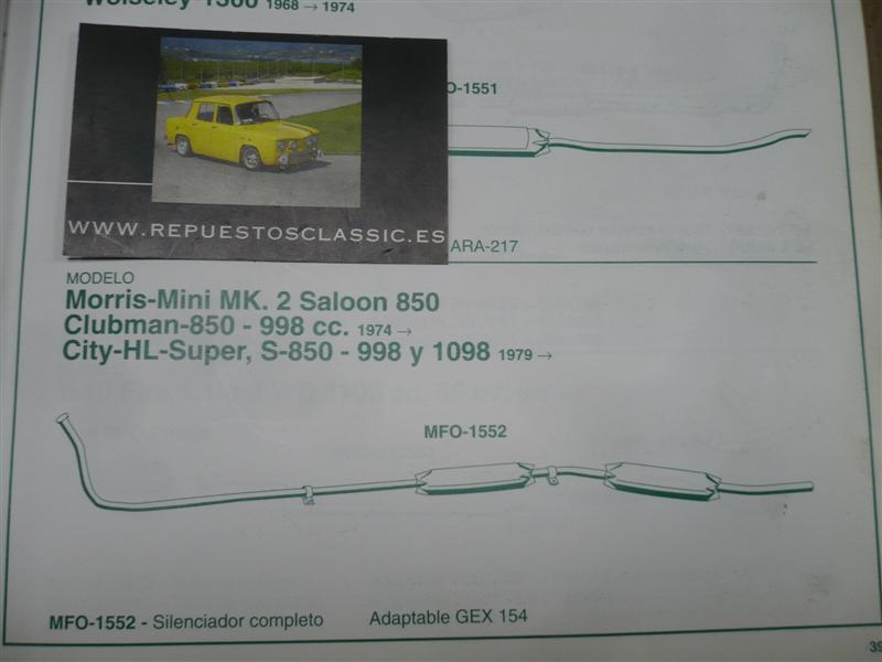 1552 LINEA DE ESCAPE COMPLETA MORRIS MINI 850, CLUBMAN 850, 1000 (DESDE 1074) CITY HL SUPER, S-850, 998, 1098 (DESDE 1979).