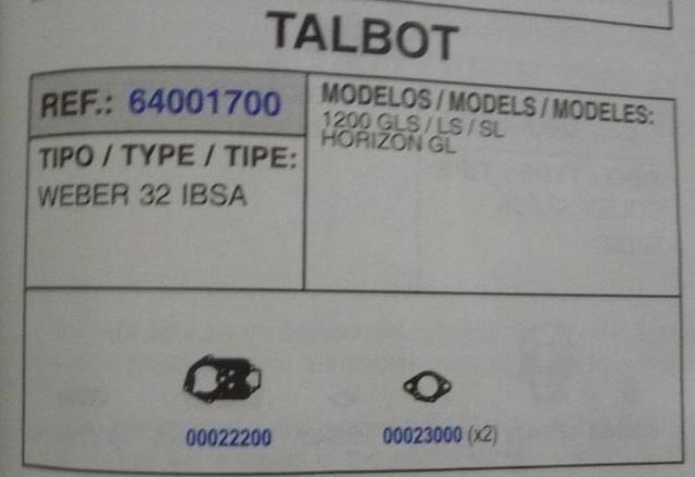 1700 KIT JUNTAS CARBURADOR WEBER 32 IBSH, 32 IBSA