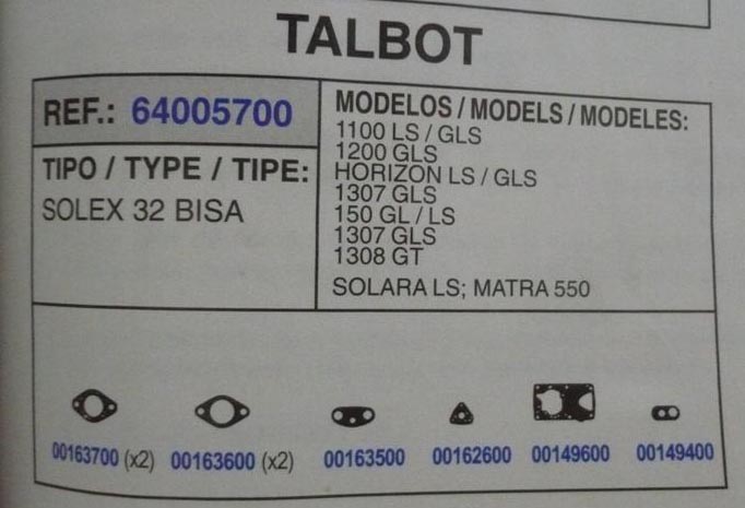 5700 KIT JUNTAS CARBURADOR SOLEX 32 BISA