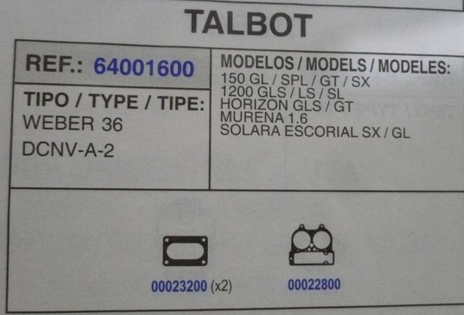 1600 KIT JUNTAS CARBURADOR WEBER 36 DCNV A 2